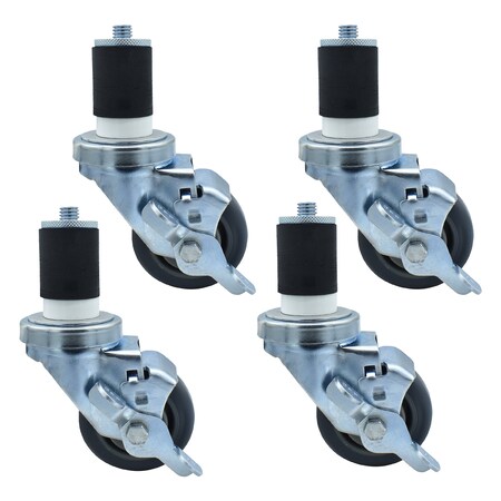 Bk Resources 3-inch Gray Rubber Stem Casters, Top Lock Brake, 250lb Capacity, 4PK 3SBR-RA-GR-PS4